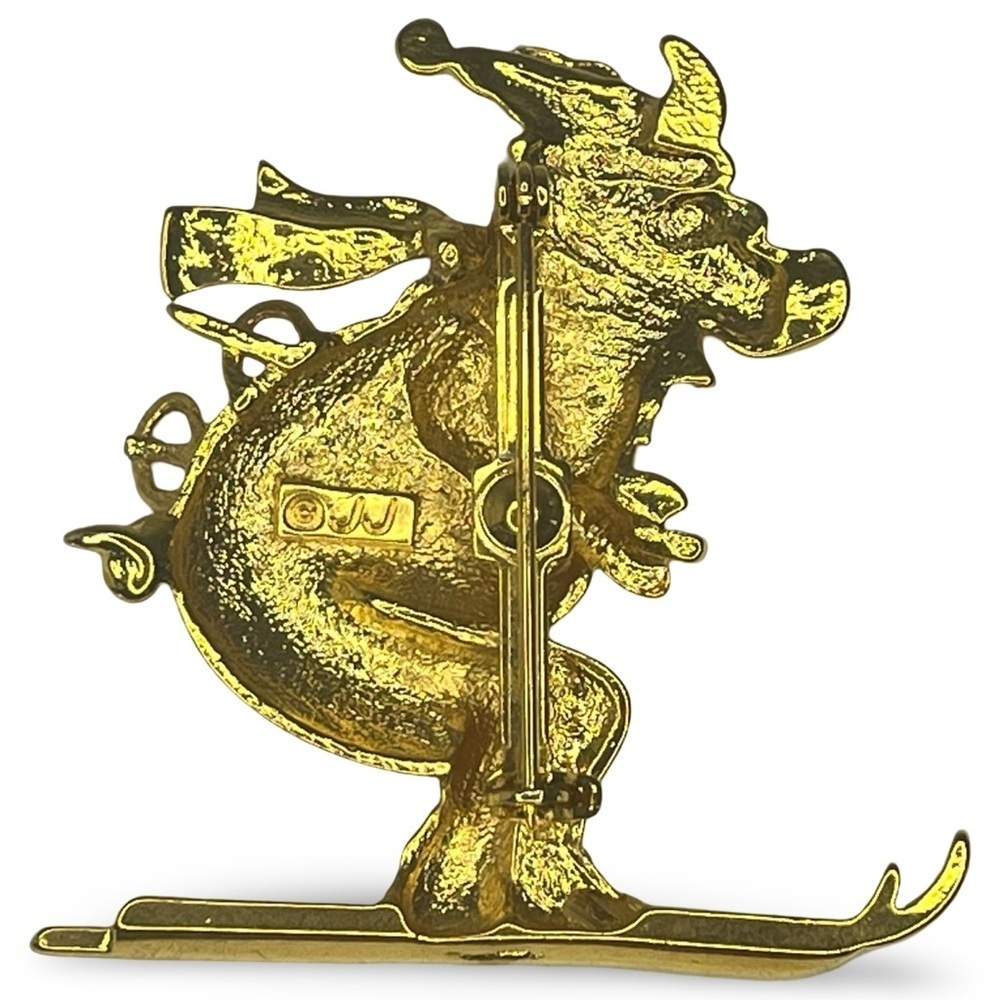 Vintage JJ Gold Skiing Pig Brooch - Picture 2 of 3